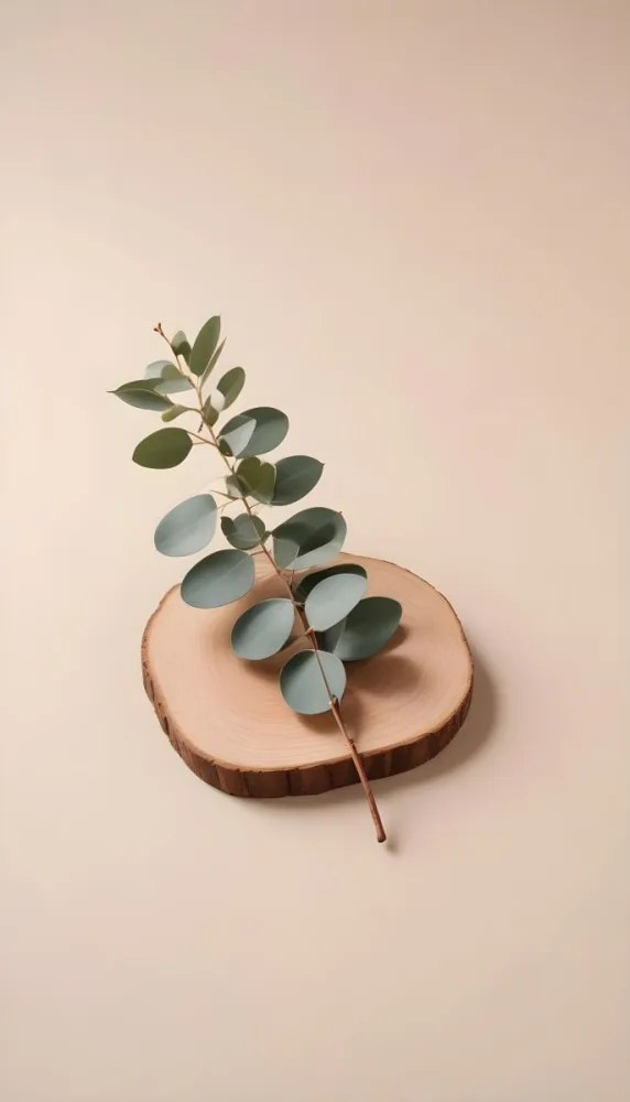 A Eucalyptus Branch On A Wooden Coaster Minimalist Style Light Beige Background Natural Lighting Clean And Simple Composition Natural Elements Neutral Color Palette 9 Bb16