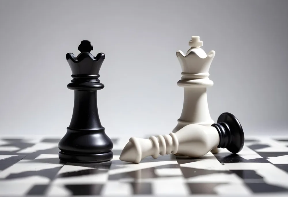A Fallen Black King Chess Piece Next To A White Pawn On A White Background Dramatic Lighting Studio Shot Victory Concept Strategy Game 2 47f6