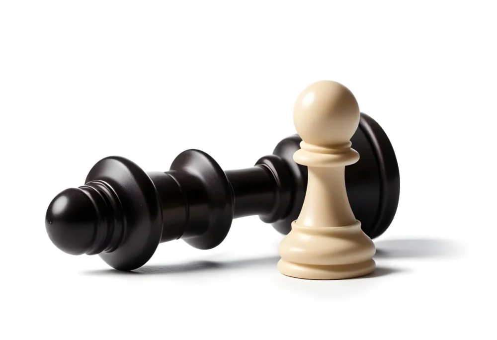 A Fallen Black King Chess Piece Next To A White Pawn On A White Background Dramatic Lighting Studio Shot Victory Concept Strategy Game 3 80c9