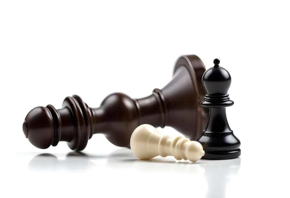 A Fallen Black King Chess Piece Next To A White Pawn On A White Background Dramatic Lighting Studio Shot Victory Concept Strategy Game 4 Ad27