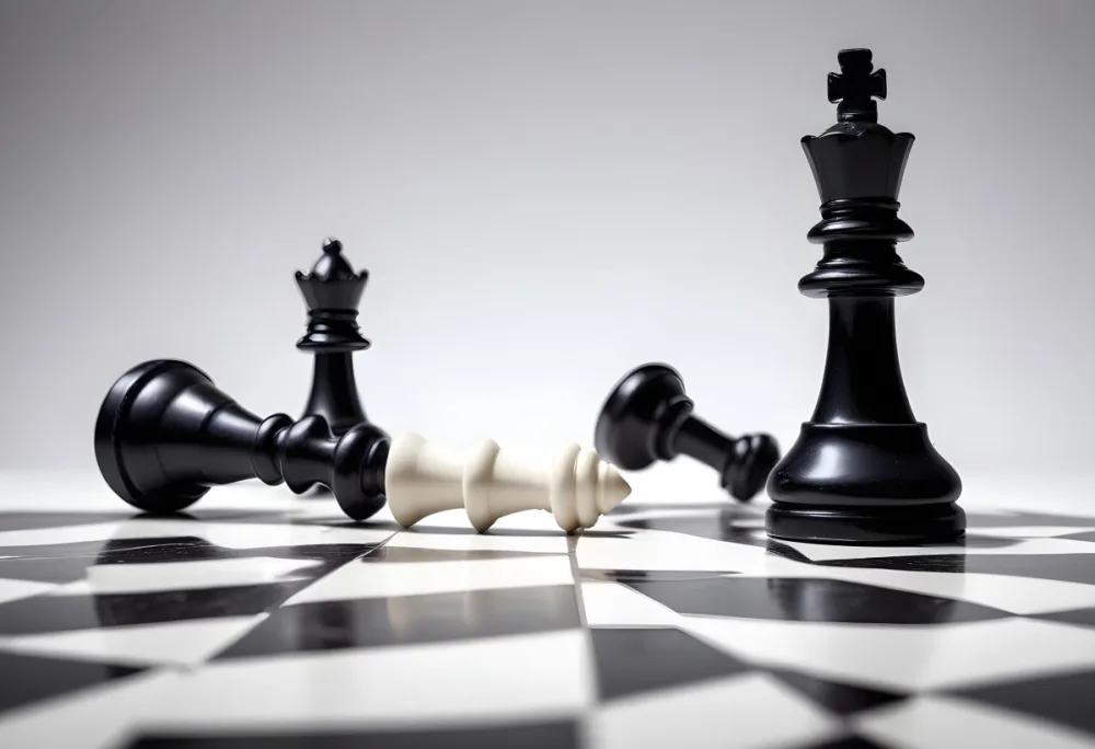 A Fallen Black King Chess Piece Next To A White Pawn On A White Background Dramatic Lighting Studio Shot Victory Concept Strategy Game 6 Efaf