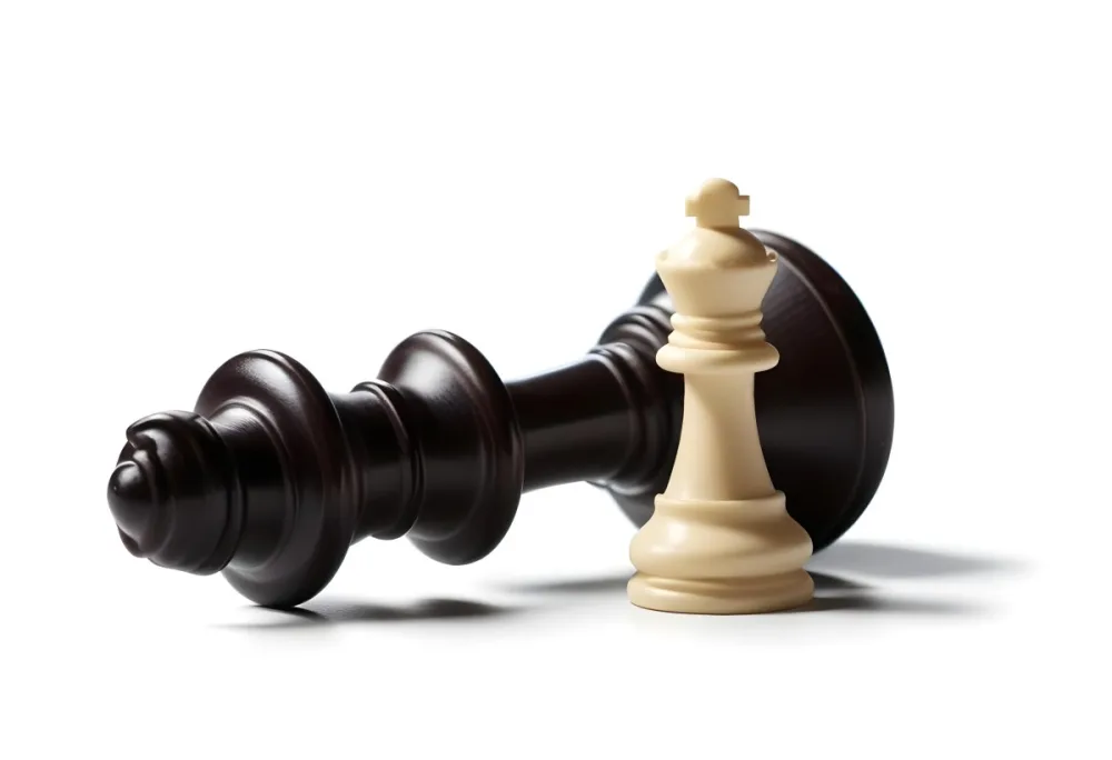 A Fallen Black King Chess Piece Next To A White Pawn On A White Background Dramatic Lighting Studio Shot Victory Concept Strategy Game 7 F6d7
