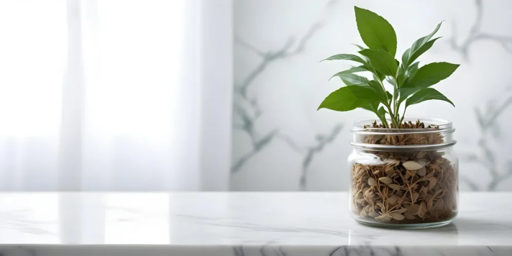 A Glass Jar Filled With Dried Herbs With Green Leaves In The Foreground On A Marble Surface Against A Blurred Background 45 Caa3