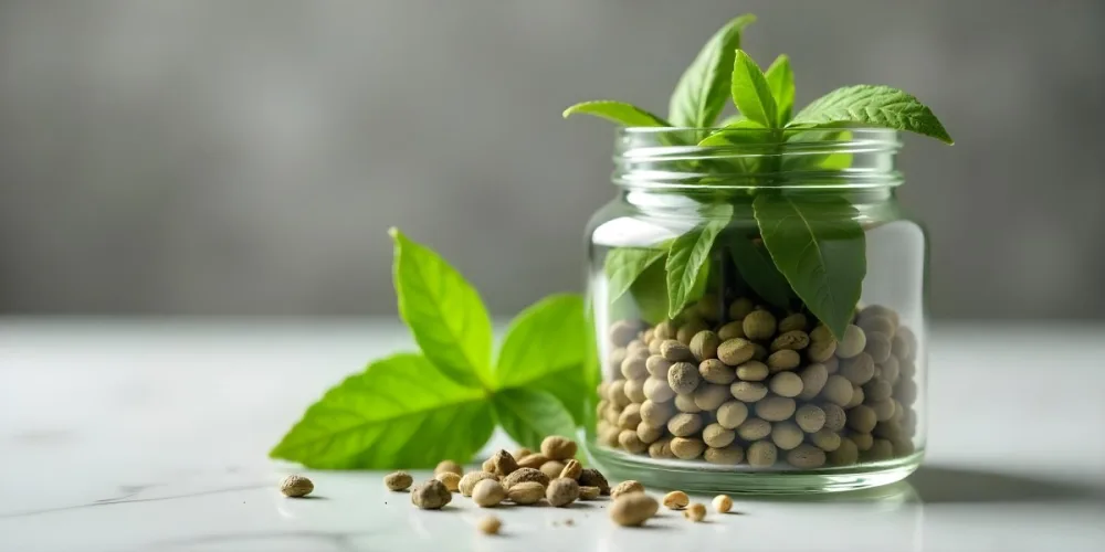 A Glass Jar Filled With Dried Herbs With Green Leaves In The Foreground On A Marble Surface Against A Blurred Background 70 29be