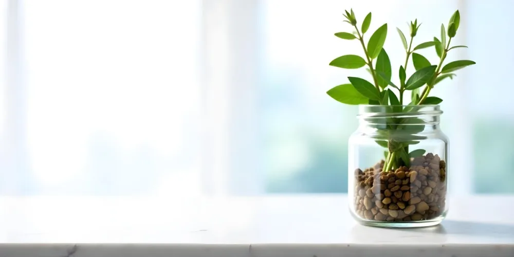 A Glass Jar Filled With Dried Herbs With Green Leaves In The Foreground On A Marble Surface Against A Blurred Background 76 C32d