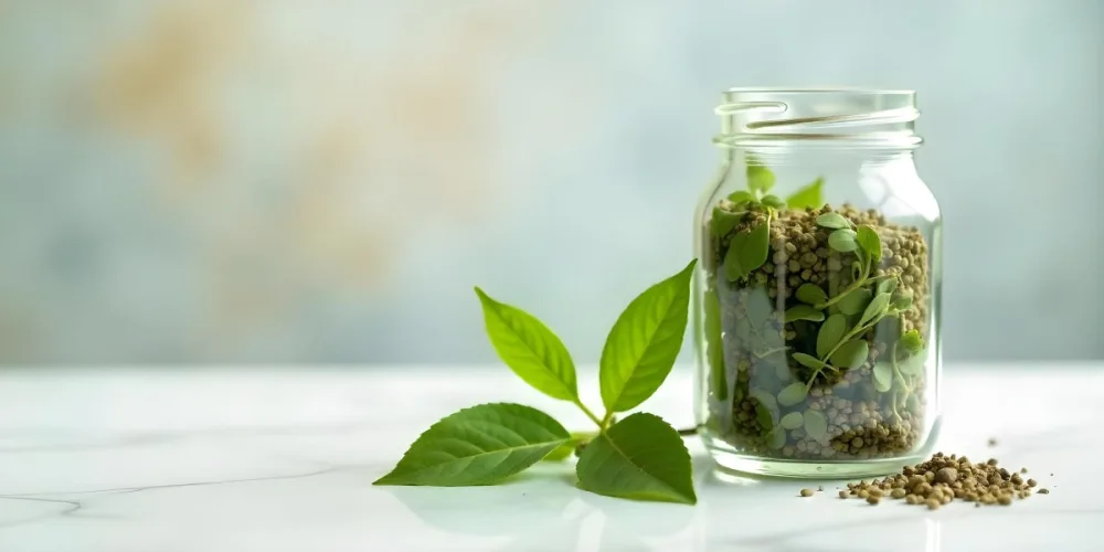 A Glass Jar Filled With Dried Herbs With Green Leaves In The Foreground On A Marble Surface Against A Blurred Background 8 C631