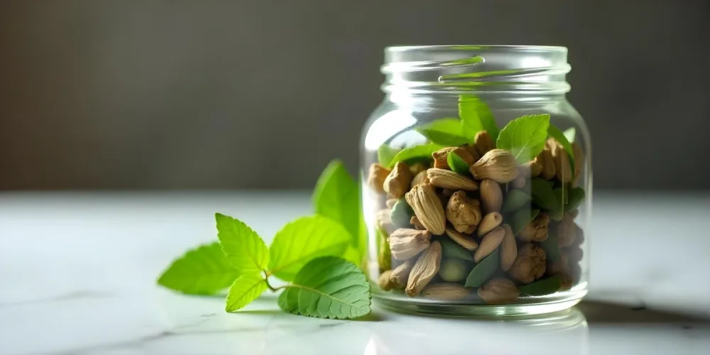A Glass Jar Filled With Dried Herbs With Green Leaves In The Foreground On A Marble Surface Against A Blurred Background 82 6599