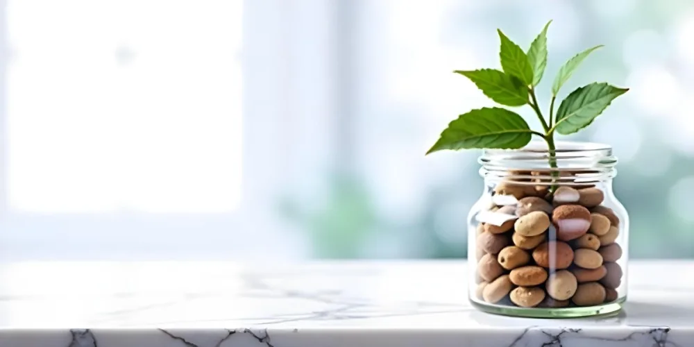 A Glass Jar Filled With Dried Herbs With Green Leaves In The Foreground On A Marble Surface Against A Blurred Background 83 71a5