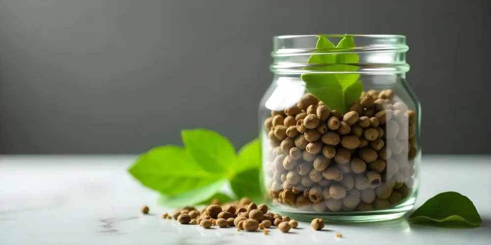 A Glass Jar Filled With Dried Herbs With Green Leaves In The Foreground On A Marble Surface Against A Blurred Background 85 2e64