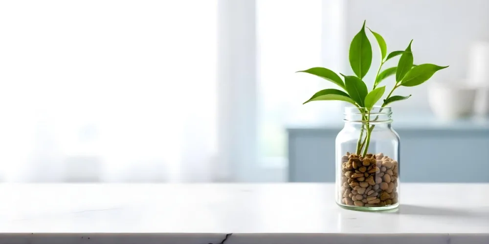 A Glass Jar Filled With Dried Herbs With Green Leaves In The Foreground On A Marble Surface Against A Blurred Background 86 Fa07