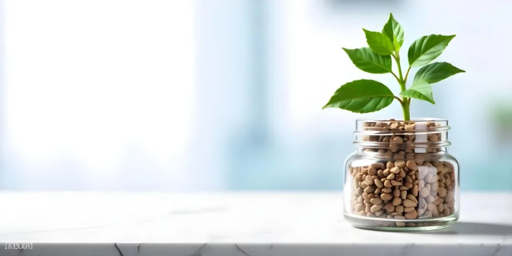 A Glass Jar Filled With Dried Herbs With Green Leaves In The Foreground On A Marble Surface Against A Blurred Background 87 1662