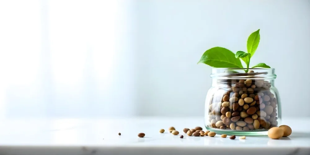 A Glass Jar Filled With Dried Herbs With Green Leaves In The Foreground On A Marble Surface Against A Blurred Background 88 Fcf4