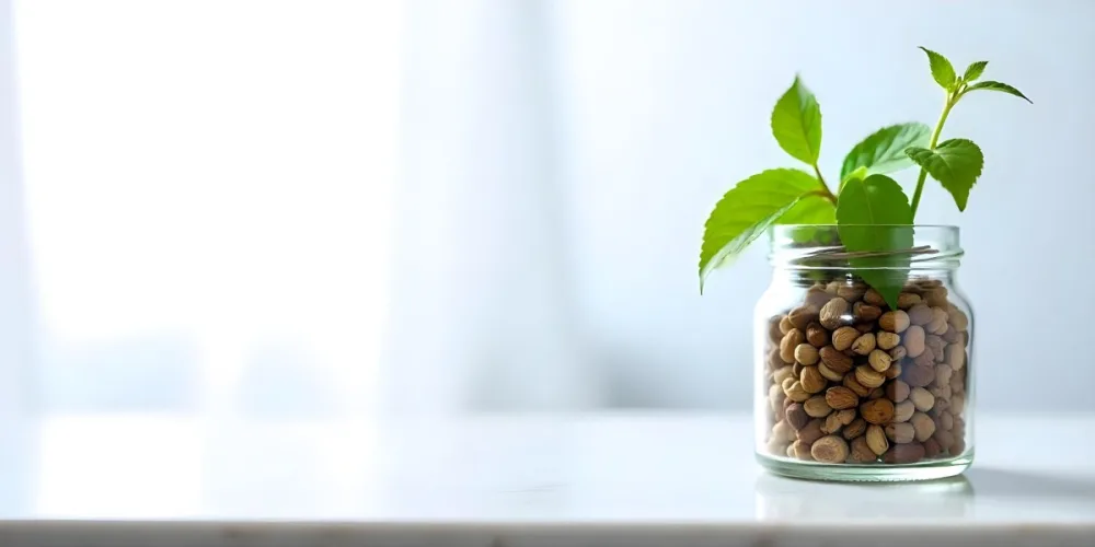 A Glass Jar Filled With Dried Herbs With Green Leaves In The Foreground On A Marble Surface Against A Blurred Background 89 96f1