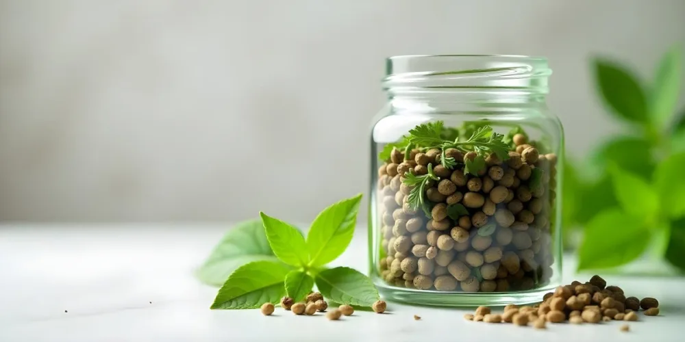 A Glass Jar Filled With Dried Herbs With Green Leaves In The Foreground On A Marble Surface Against A Blurred Background 9 6cea