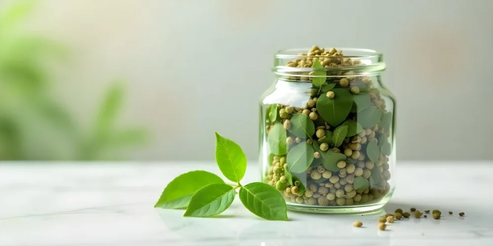A Glass Jar Filled With Dried Herbs With Green Leaves In The Foreground On A Marble Surface Against A Blurred Background 90 Ea7d