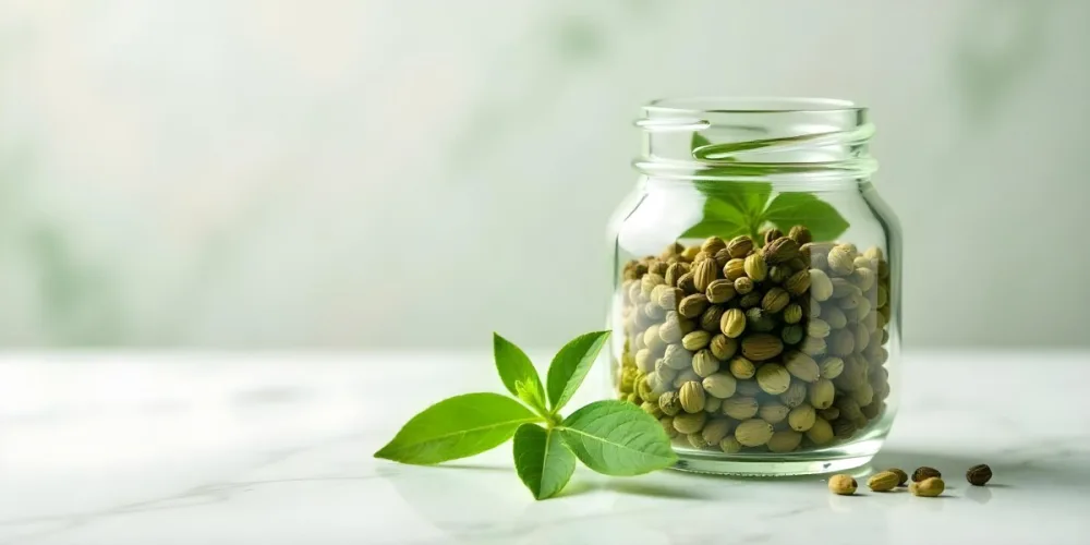 A Glass Jar Filled With Dried Herbs With Green Leaves In The Foreground On A Marble Surface Against A Blurred Background 92 7a1a