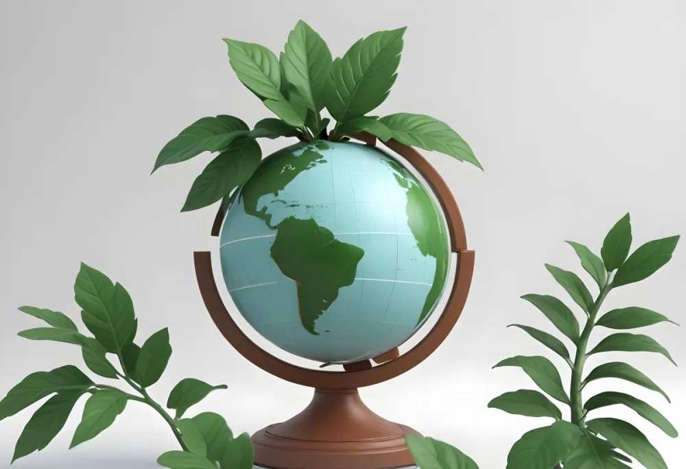 A Globe On Top Of A Green Plant With Two Leaves The Background Is Plain White 7 C2cf