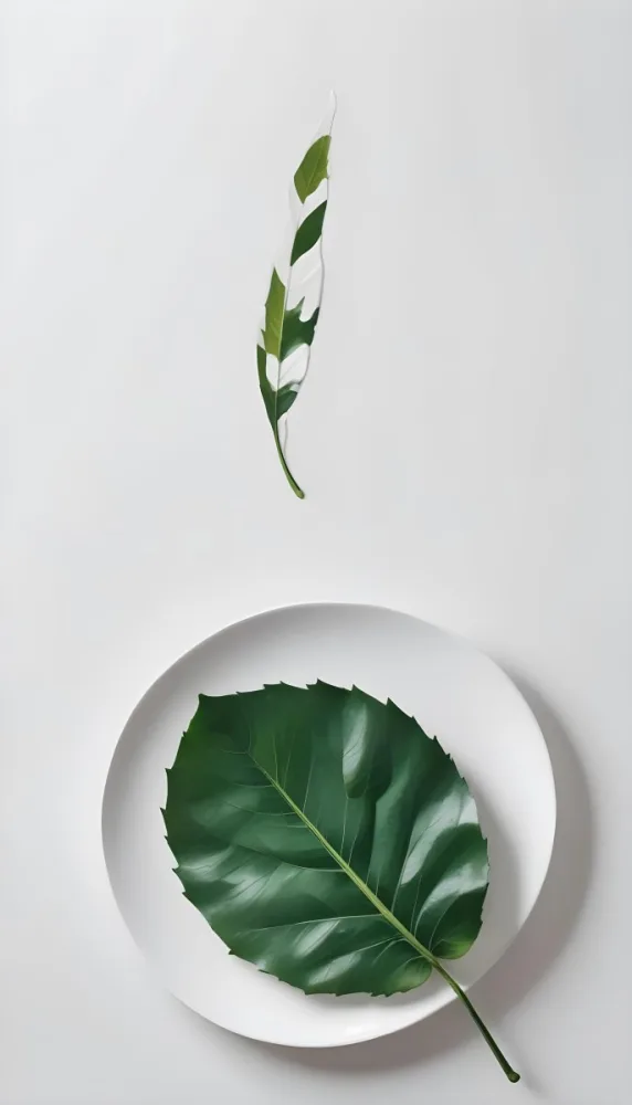 A Green Leaf On A White Plate Minimalist Composition Clean And Bright Aesthetic Soft Lighting White Background Nature Inspired Simple And Elegant Fresh And Organic 5 83c8