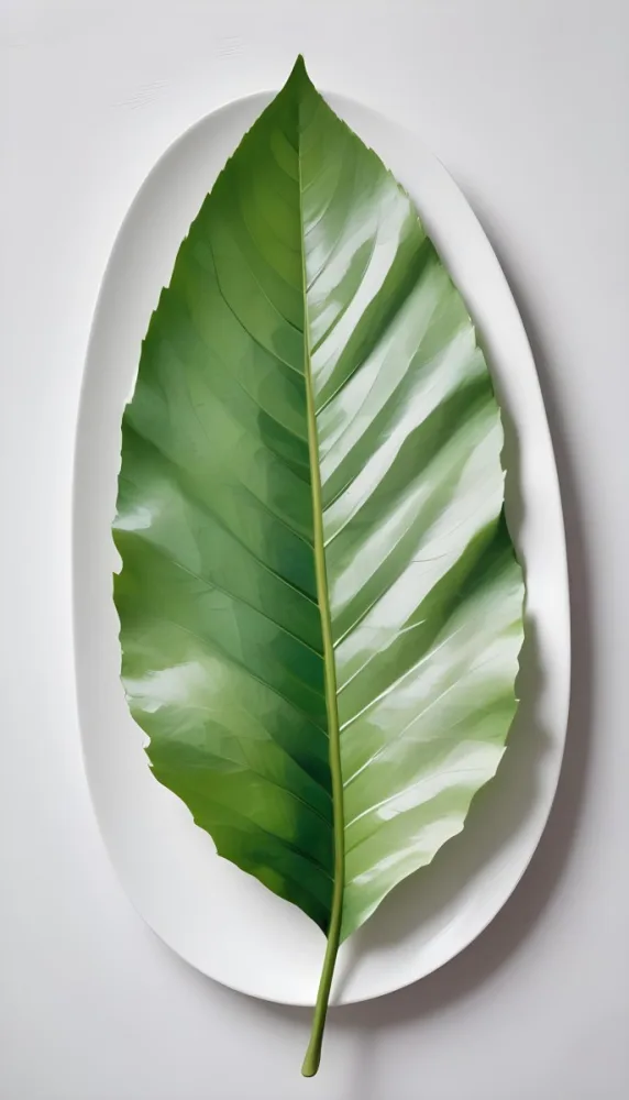 A Green Leaf On A White Plate Minimalist Composition Clean And Bright Aesthetic Soft Lighting White Background Nature Inspired Simple And Elegant Fresh And Organic 8 65f9