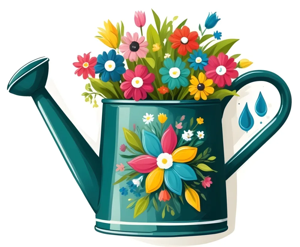 A Green Watering Can With A Floral Pattern Filled With Colorful Flowers And Leaves 10 Adb6
