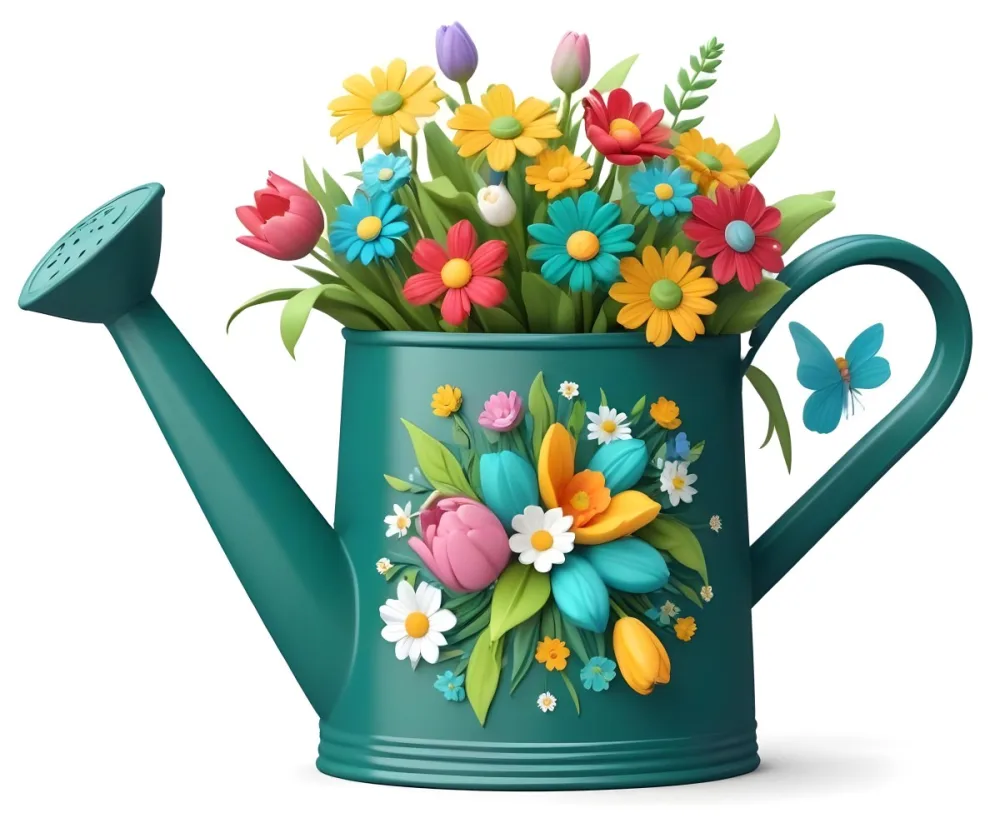 A Green Watering Can With A Floral Pattern Filled With Colorful Flowers And Leaves 3 8ad3