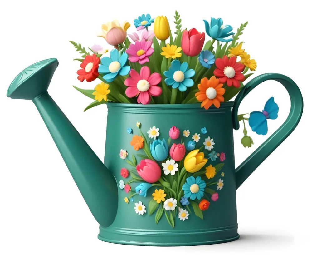 A Green Watering Can With A Floral Pattern Filled With Colorful Flowers And Leaves 33 4033