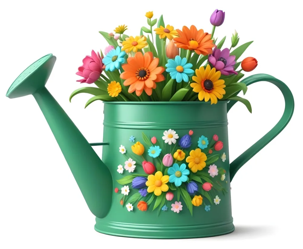 A Green Watering Can With A Floral Pattern Filled With Colorful Flowers And Leaves 35 E129