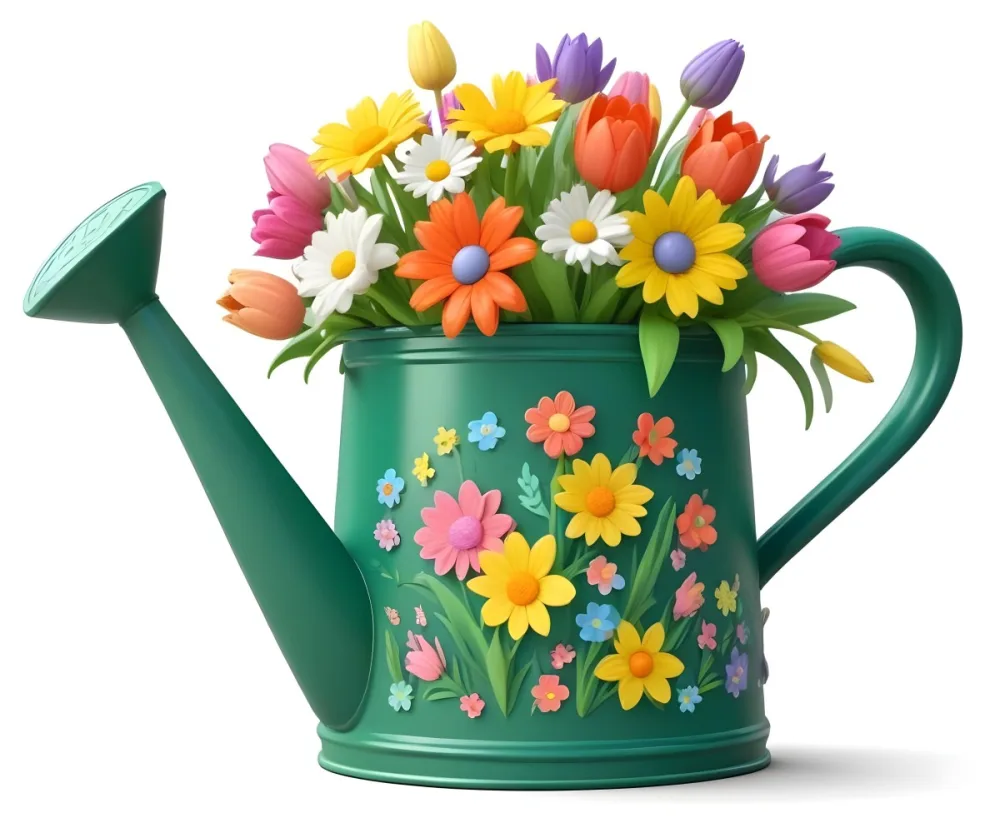 A Green Watering Can With A Floral Pattern Filled With Colorful Flowers And Leaves 39 B21e