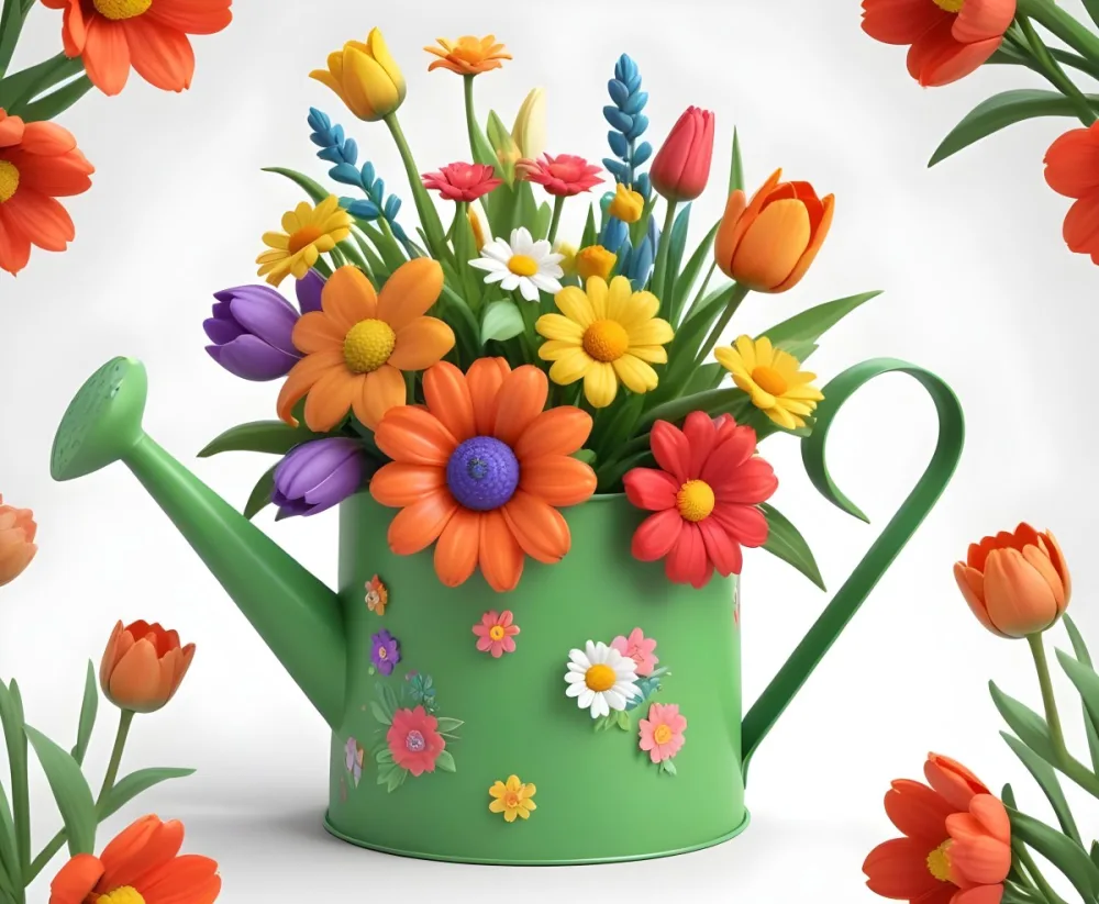 A Green Watering Can With A Floral Pattern Filled With Colorful Flowers And Leaves 42 D431