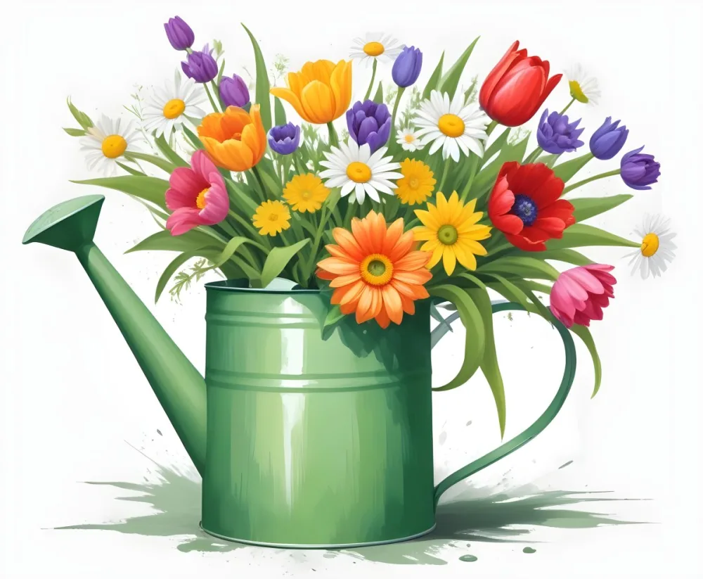 A Green Watering Can With A Floral Pattern Filled With Colorful Flowers And Leaves 6 6ea1