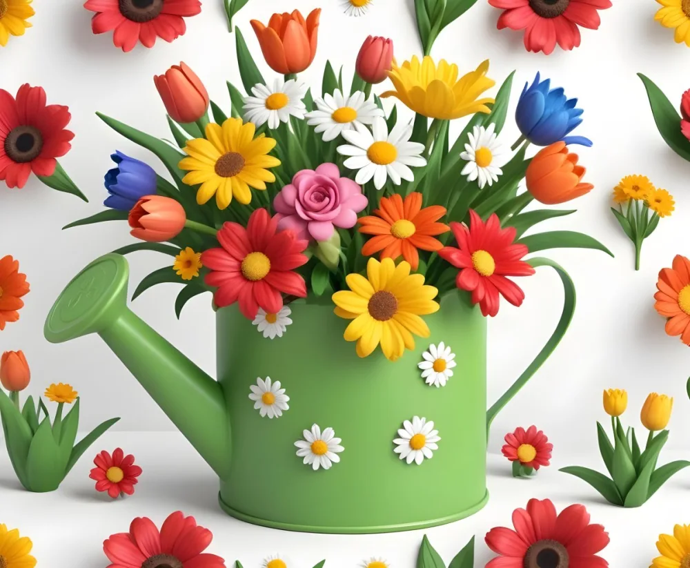 A Green Watering Can With A Floral Pattern Filled With Colorful Flowers And Leaves 64 5148