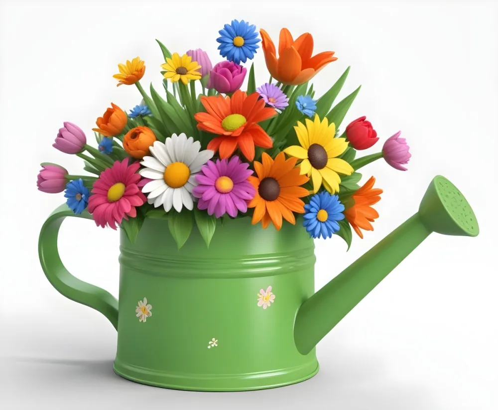 A Green Watering Can With A Floral Pattern Filled With Colorful Flowers And Leaves 65 9bd6
