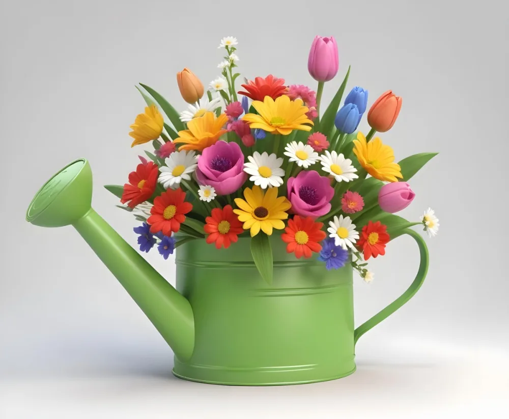 A Green Watering Can With A Floral Pattern Filled With Colorful Flowers And Leaves 66 4372