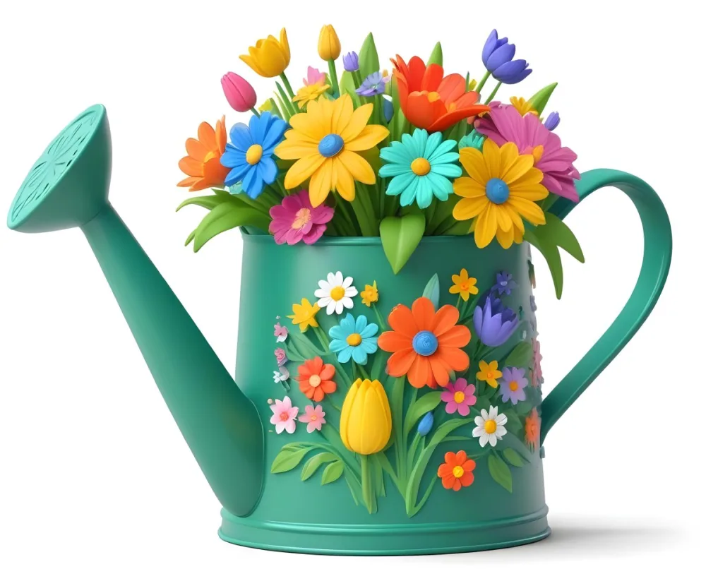 A Green Watering Can With A Floral Pattern Filled With Colorful Flowers And Leaves 67 C11b