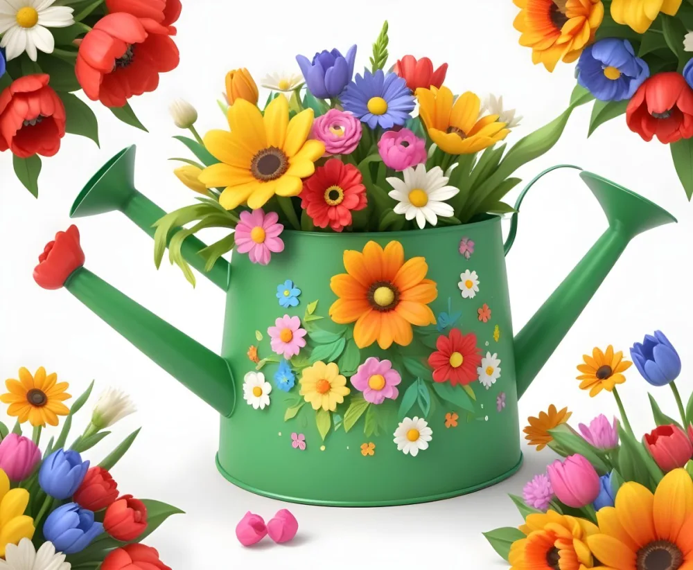 A Green Watering Can With A Floral Pattern Filled With Colorful Flowers And Leaves 68 28b5