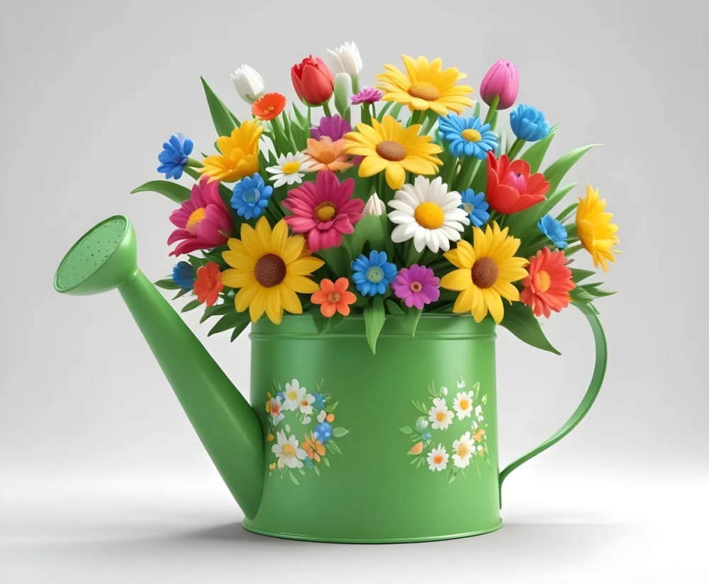 A Green Watering Can With A Floral Pattern Filled With Colorful Flowers And Leaves 69 2bfb