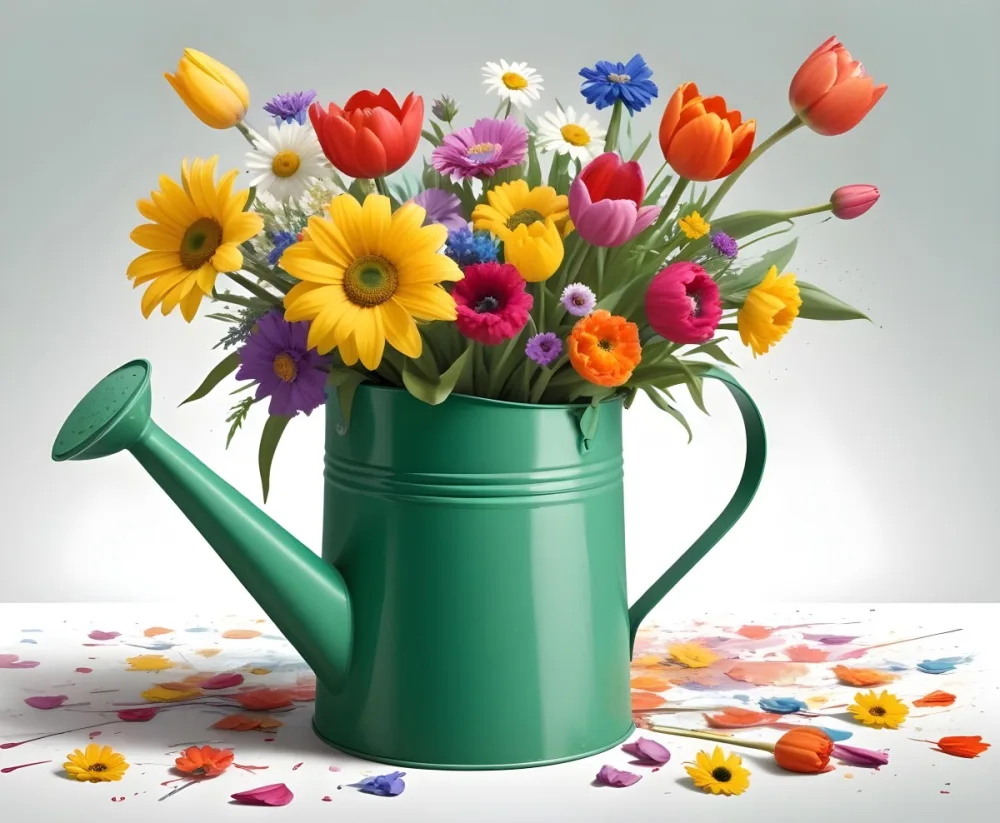 A Green Watering Can With A Floral Pattern Filled With Colorful Flowers And Leaves 7 C57a