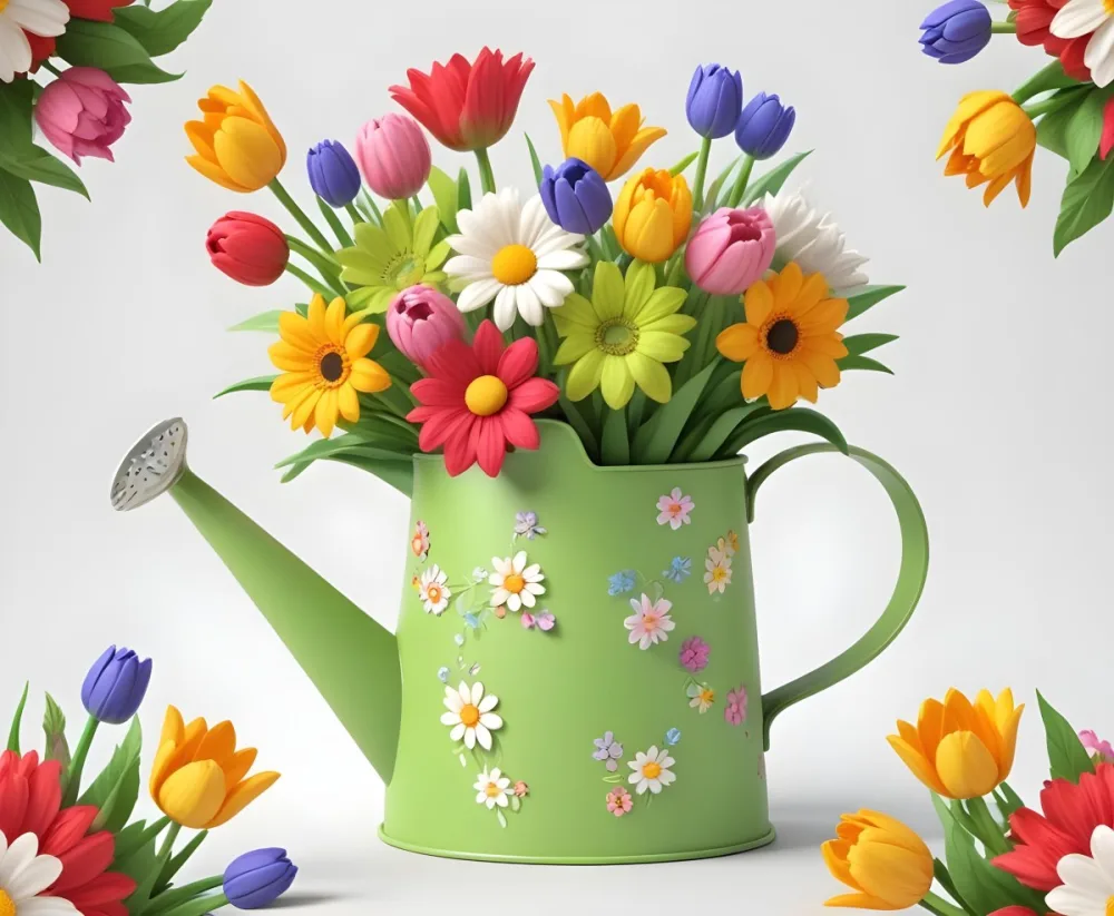 A Green Watering Can With A Floral Pattern Filled With Colorful Flowers And Leaves 70 0c18