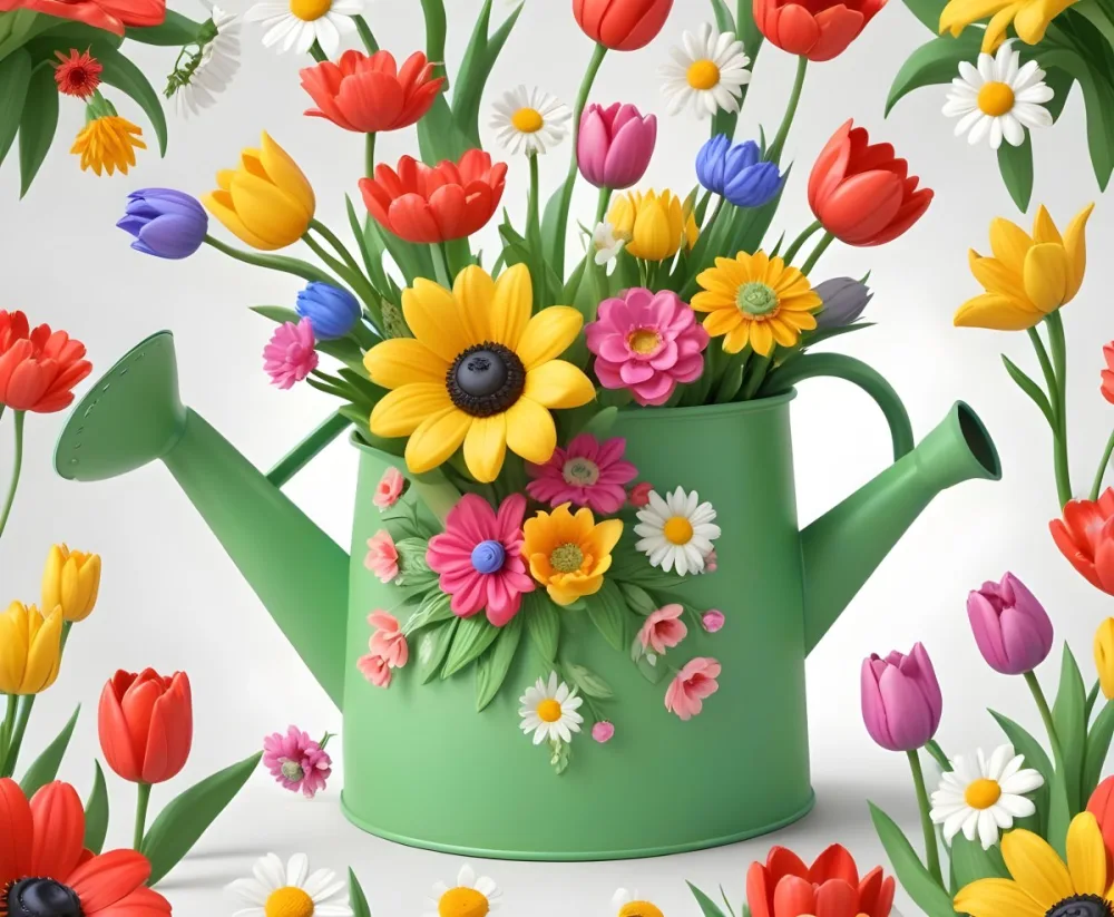 A Green Watering Can With A Floral Pattern Filled With Colorful Flowers And Leaves 71 A638