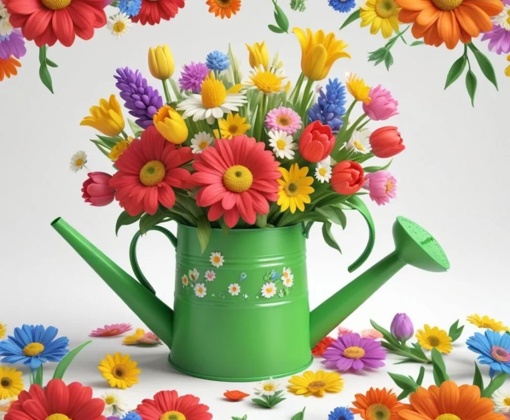A Green Watering Can With A Floral Pattern Filled With Colorful Flowers And Leaves 72 Deff