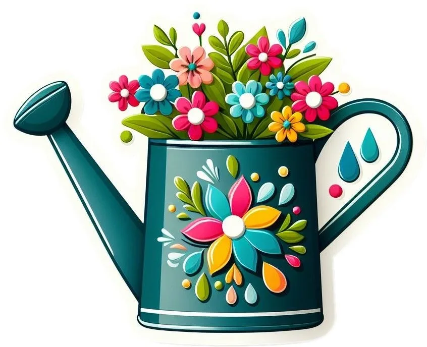 A Green Watering Can With A Floral Pattern Filled With Colorful Flowers And Leaves 9 B823