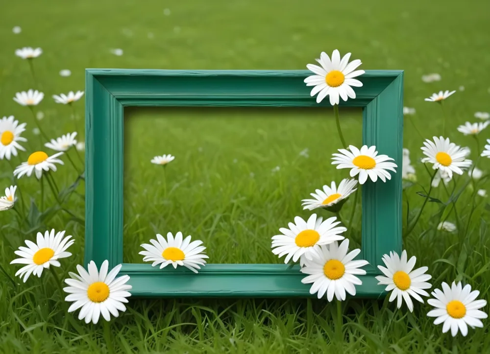 A Green Wooden Frame In A Field Of White Daisy Flowers On A Grassy Background 5 2083