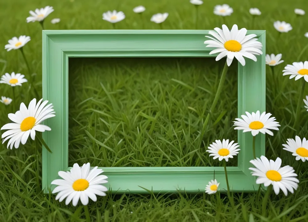A Green Wooden Frame In A Field Of White Daisy Flowers On A Grassy Background 6 A665