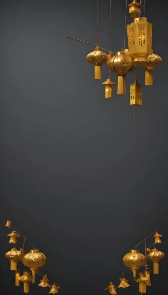 A Group Of Golden Lanterns Hanging Against A Dark Background 10 143a