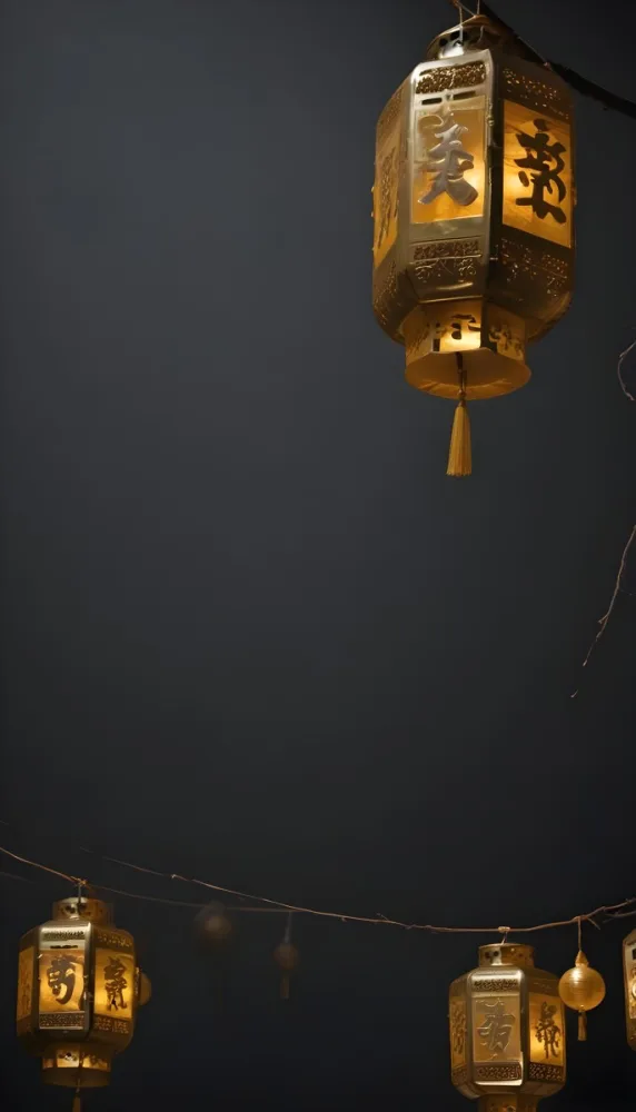 A Group Of Golden Lanterns Hanging Against A Dark Background 11 5762