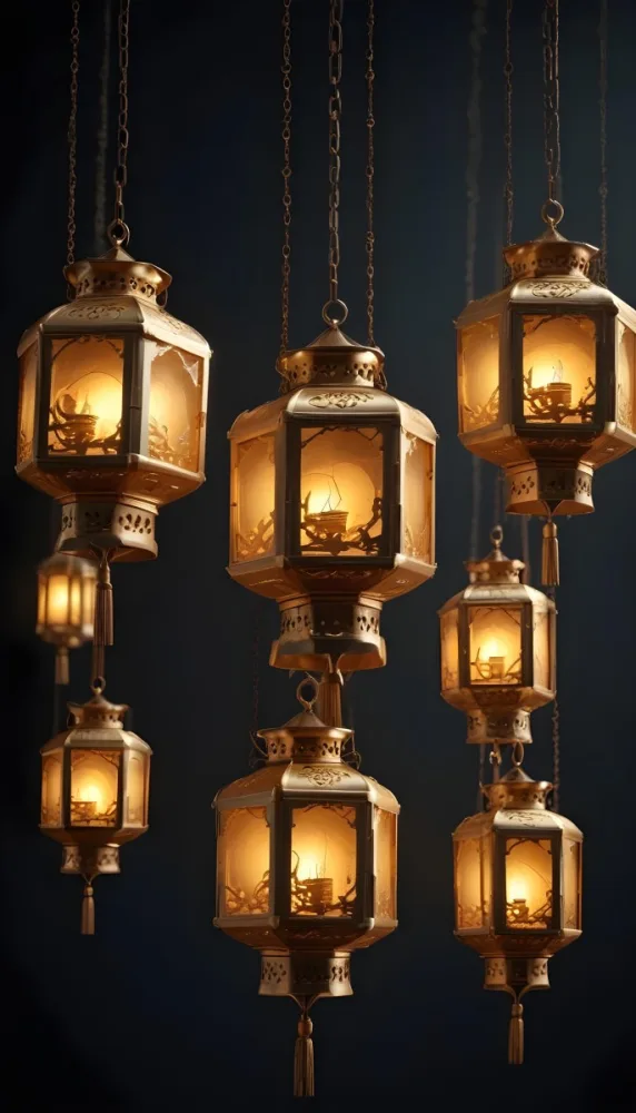 A Group Of Golden Lanterns Hanging Against A Dark Background 4 A3f0
