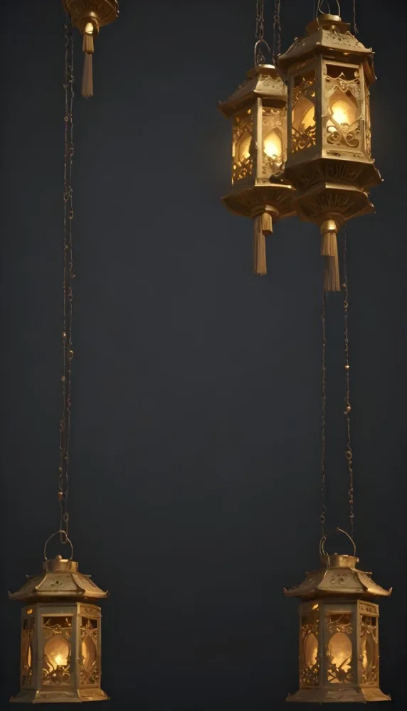 A Group Of Golden Lanterns Hanging Against A Dark Background 5 Be73