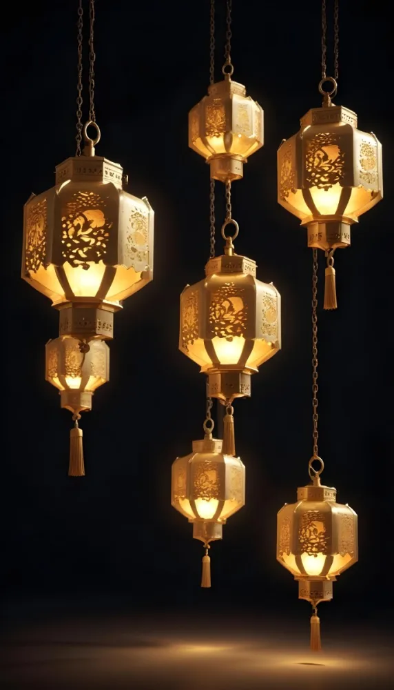 A Group Of Golden Lanterns Hanging Against A Dark Background 6 62bf