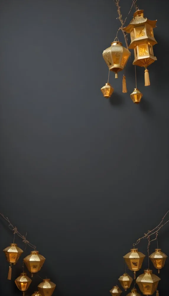 A Group Of Golden Lanterns Hanging Against A Dark Background 9 8fff
