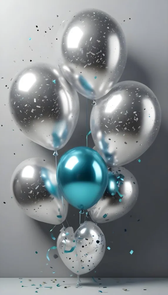 A Group Of Silver And Teal Balloons With Confetti Inside Floating Against A Gray Background 19 5813
